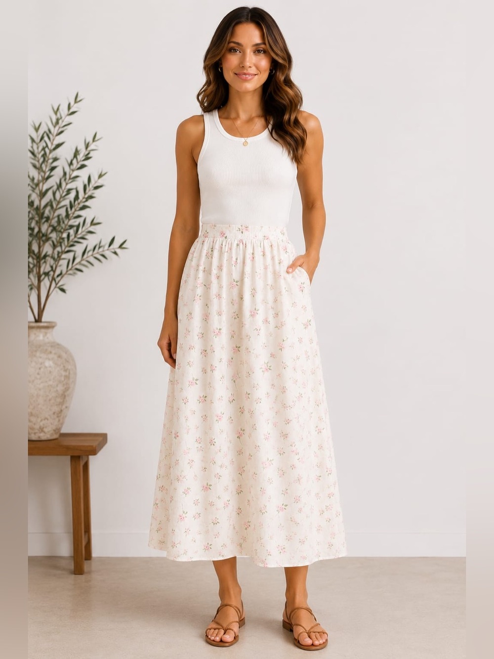 Joie Size S Floral Linen Blend Midi Skirt  Rose Print Lined Pockets